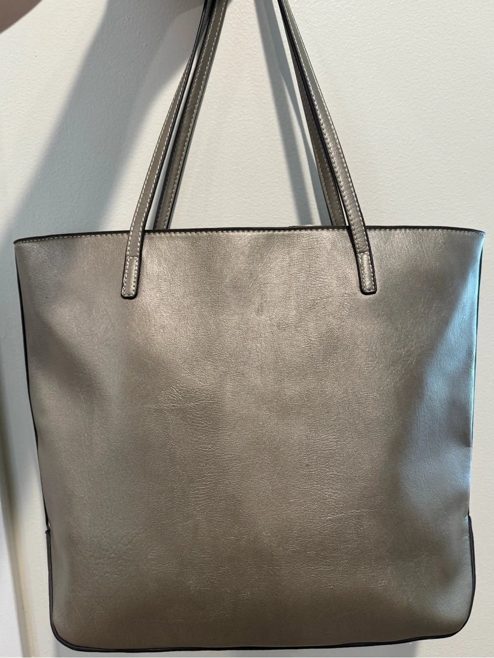 Nine West Metallic Pewter Silver Faux Leather Work Tote Shoulder Bag